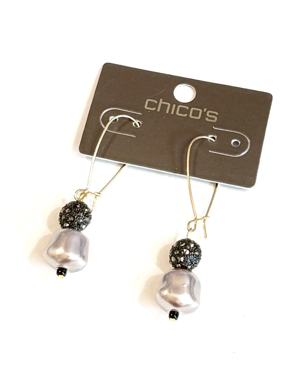 CHICO’S Gray Baroque Pearl Black Pavé Drop Earrings NWT